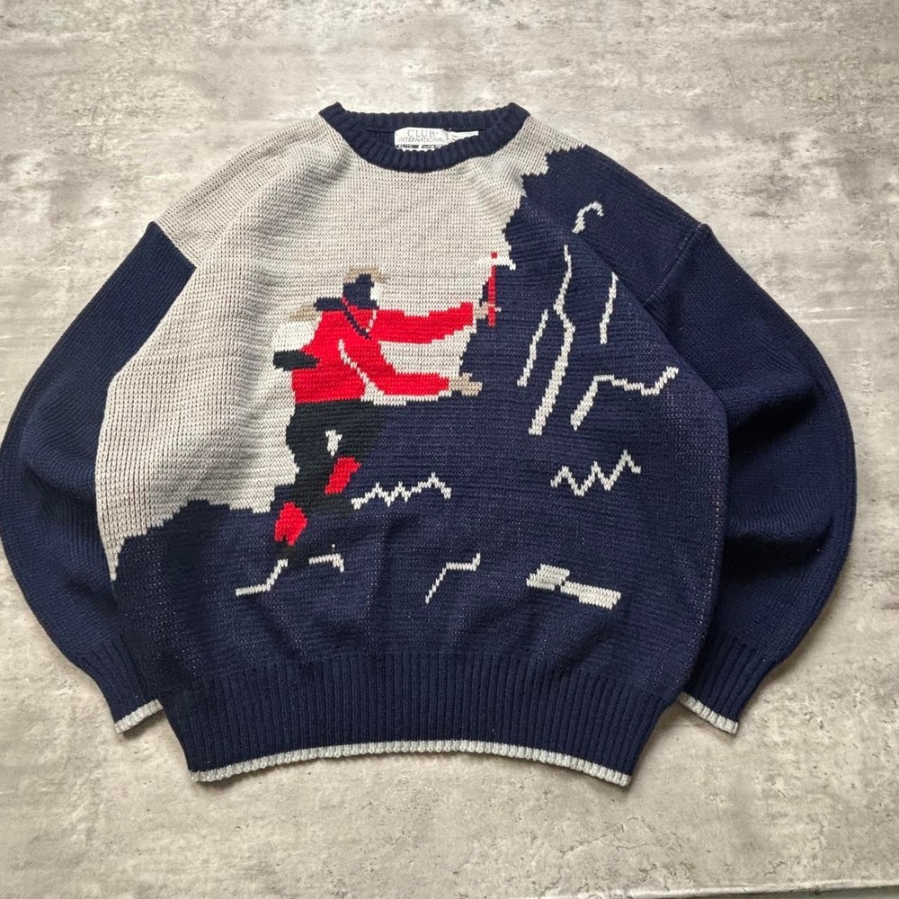 Club International Sweater Mens XL Navy Rock Climber Vintage 90s Boxy Knitted